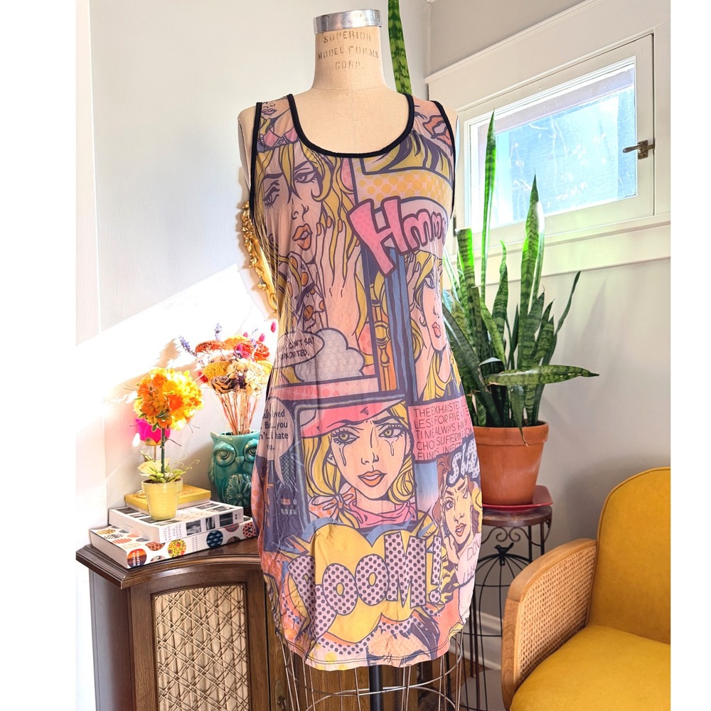 Vintage Y2K‎ Women's Comic Print Mesh Sheer Overlay Dress Size L